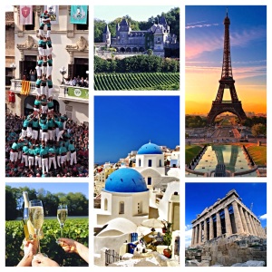 Starting on the top from left to right: Castellers Festival in Spain, Bordeaux, Paris, Champagne, Santorini, Athens!